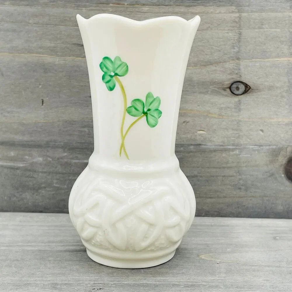 Vintage Belleek Ireland Shamrock Toy Spill Vase Basketweave Porcelain Fine China